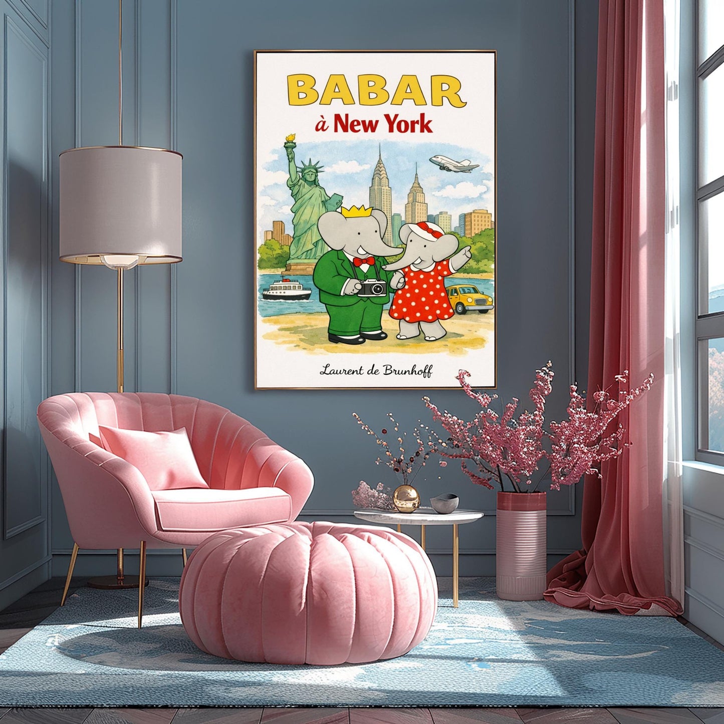 A vertical children's illustration poster titled "BABAR à New York" in large yellow and red letters. King Babar, in a green suit and crown holding a camera, and Queen Celeste, in a red polka-dot dress, stand on a shoreline. The background features the Statue of Liberty, the Chrysler Building, and the Empire State Building. A yellow taxi, a white boat on the blue water, and a white airplane in the sky complete the city scene. The name "Laurent de Brunhoff" is at the bottom.