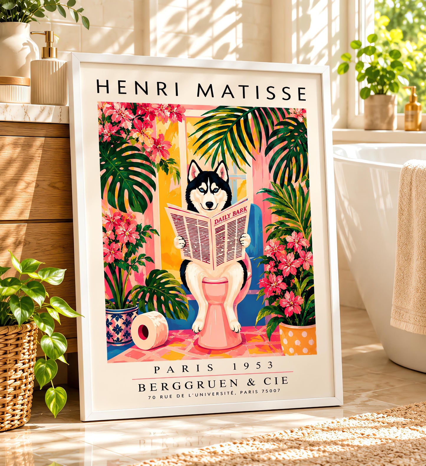 A vertical vintage-style art exhibition poster titled "HENRI MATISSE" at the top and "PARIS 1953 BERGGRUEN & CIE" at the bottom,. The center illustration shows a black-and-white Siberian Husky with blue eyes sitting on a pink toilet in a bright pink and yellow bathroom, reading a newspaper titled "DAILY BARK". The scene is framed by large green tropical leaves, bright pink flowers, a blue-and-white patterned planter, and a roll of toilet paper on the floor.