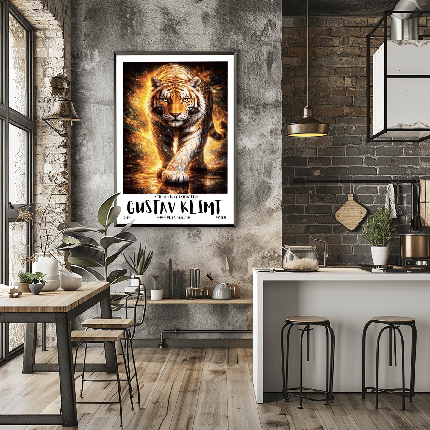 A vertical full-bleed illustration of a tiger in the style of Gustav Klimt. The tiger is prowling forward toward the viewer, its body covered in golden mosaic patterns and glowing orange light. The background is a swirl of amber sparks and gold-leaf textures.
