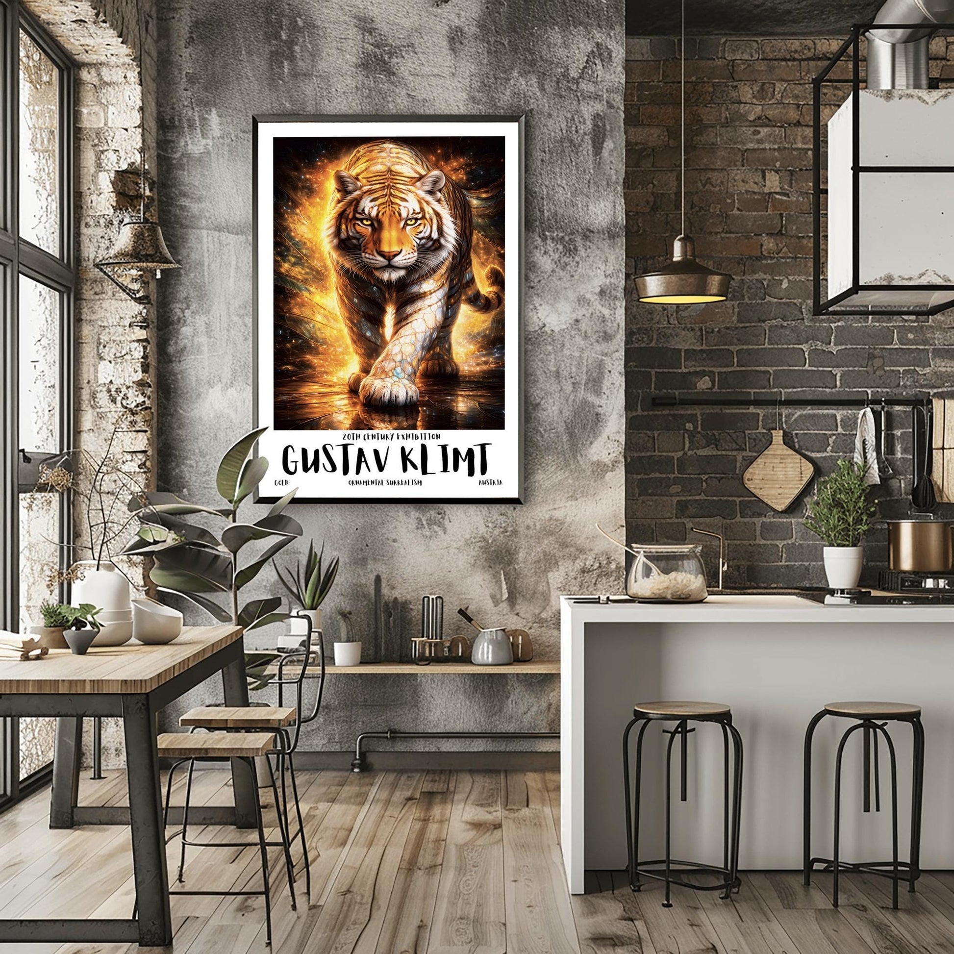 A vertical full-bleed illustration of a tiger in the style of Gustav Klimt. The tiger is prowling forward toward the viewer, its body covered in golden mosaic patterns and glowing orange light. The background is a swirl of amber sparks and gold-leaf textures.