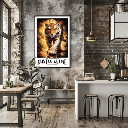 A vertical full-bleed illustration of a tiger in the style of Gustav Klimt. The tiger is prowling forward toward the viewer, its body covered in golden mosaic patterns and glowing orange light. The background is a swirl of amber sparks and gold-leaf textures.
