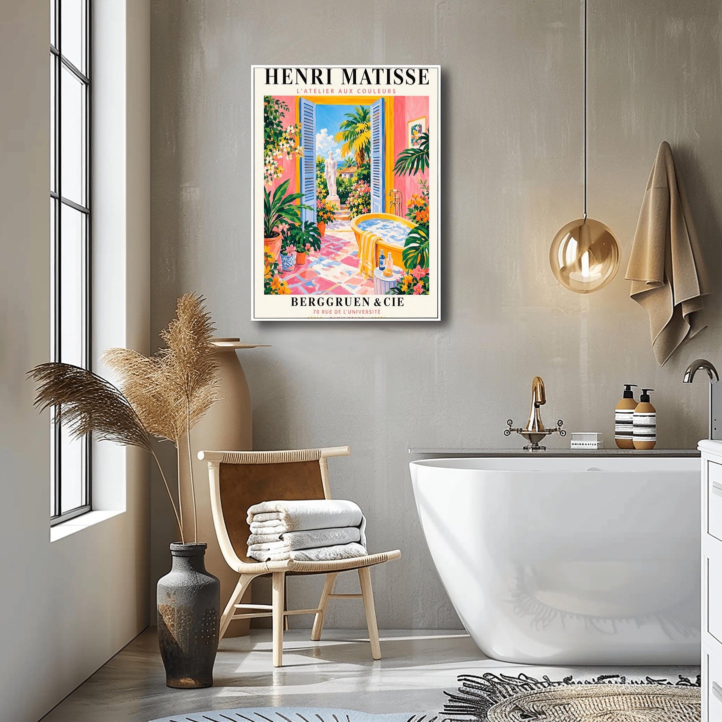 A vertical minimalist fine art exhibition poster in the style of Henri Matisse, featuring a wide white border layout. In the center, a simple black line drawing illustrates a vintage clawfoot bathtub sitting on a terracotta red balcony floor. The balcony opens out to a view of a flat royal blue ocean and a mustard yellow sky. The entire composition is framed by flat paper-cut abstract organic coral leaf shapes against a solid white backdrop.