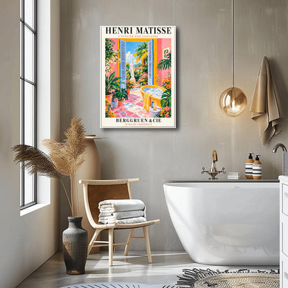 A vertical minimalist fine art exhibition poster in the style of Henri Matisse, featuring a wide white border layout. In the center, a simple black line drawing illustrates a vintage clawfoot bathtub sitting on a terracotta red balcony floor. The balcony opens out to a view of a flat royal blue ocean and a mustard yellow sky. The entire composition is framed by flat paper-cut abstract organic coral leaf shapes against a solid white backdrop.