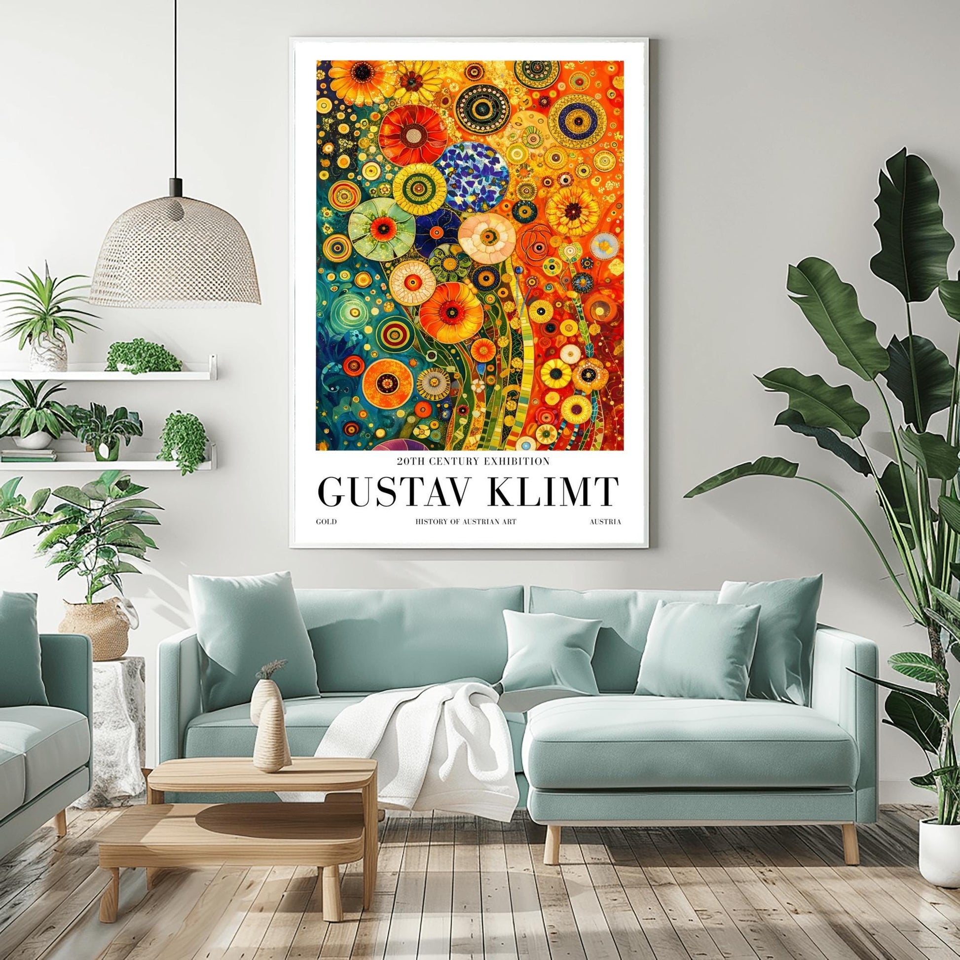A vertical museum exhibition poster in the style of Gustav Klimt. The central image is a dense, colorful mosaic of stylized flowers in teal, orange, and red. The artwork is surrounded by a white border with bold black text that reads "GUSTAV KLIMT" and "20TH CENTURY EXHIBITION."