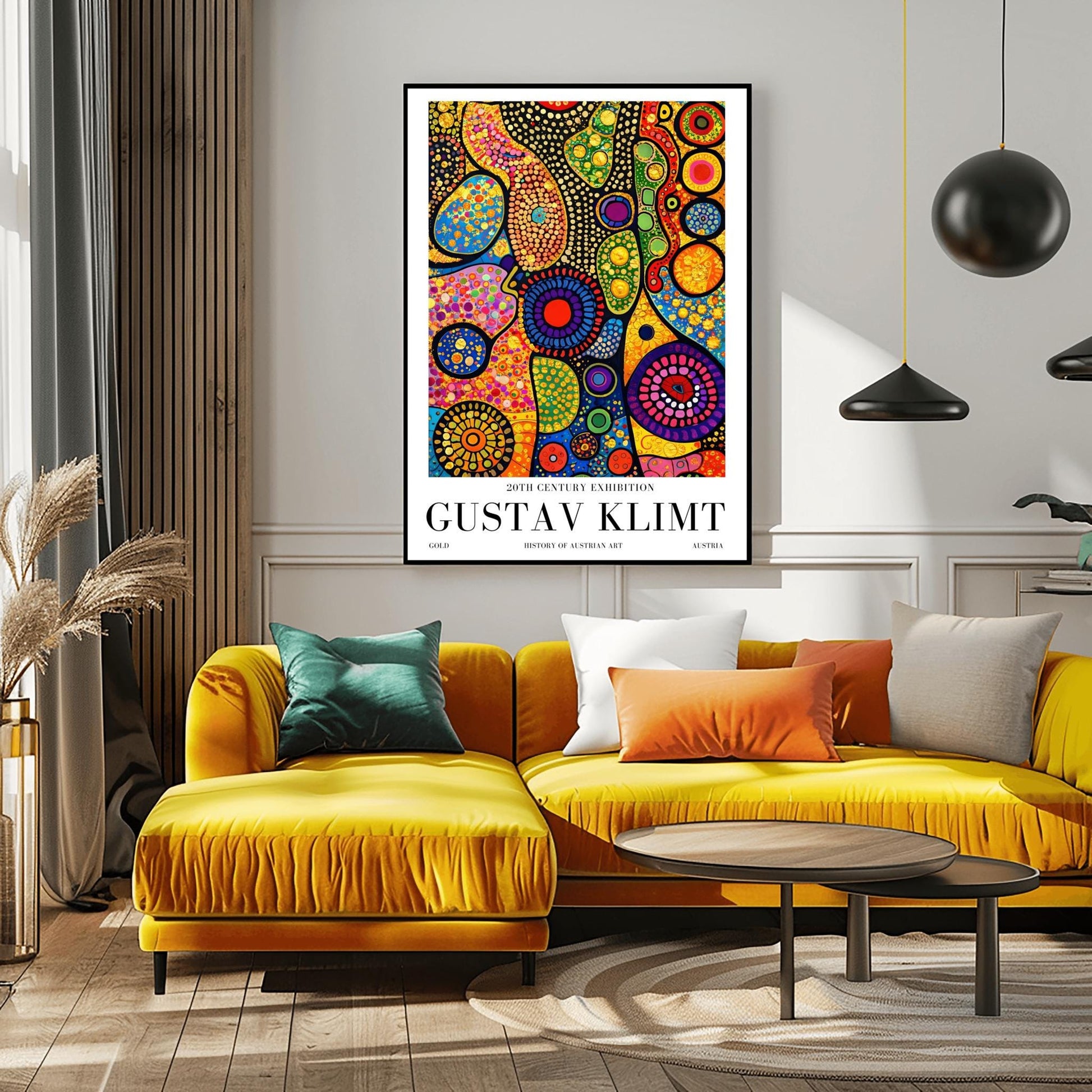 A vertical museum exhibition poster in the style of Gustav Klimt. Tall, dark tree trunks stand in a forest where the sky is made of colorful stained-glass mosaic circles. A bright sun in the center casts sharp, white sunbeams through the trees. Bold black text at the bottom reads "GUSTAV KLIMT" and "HISTORY OF AUSTRIAN ART."