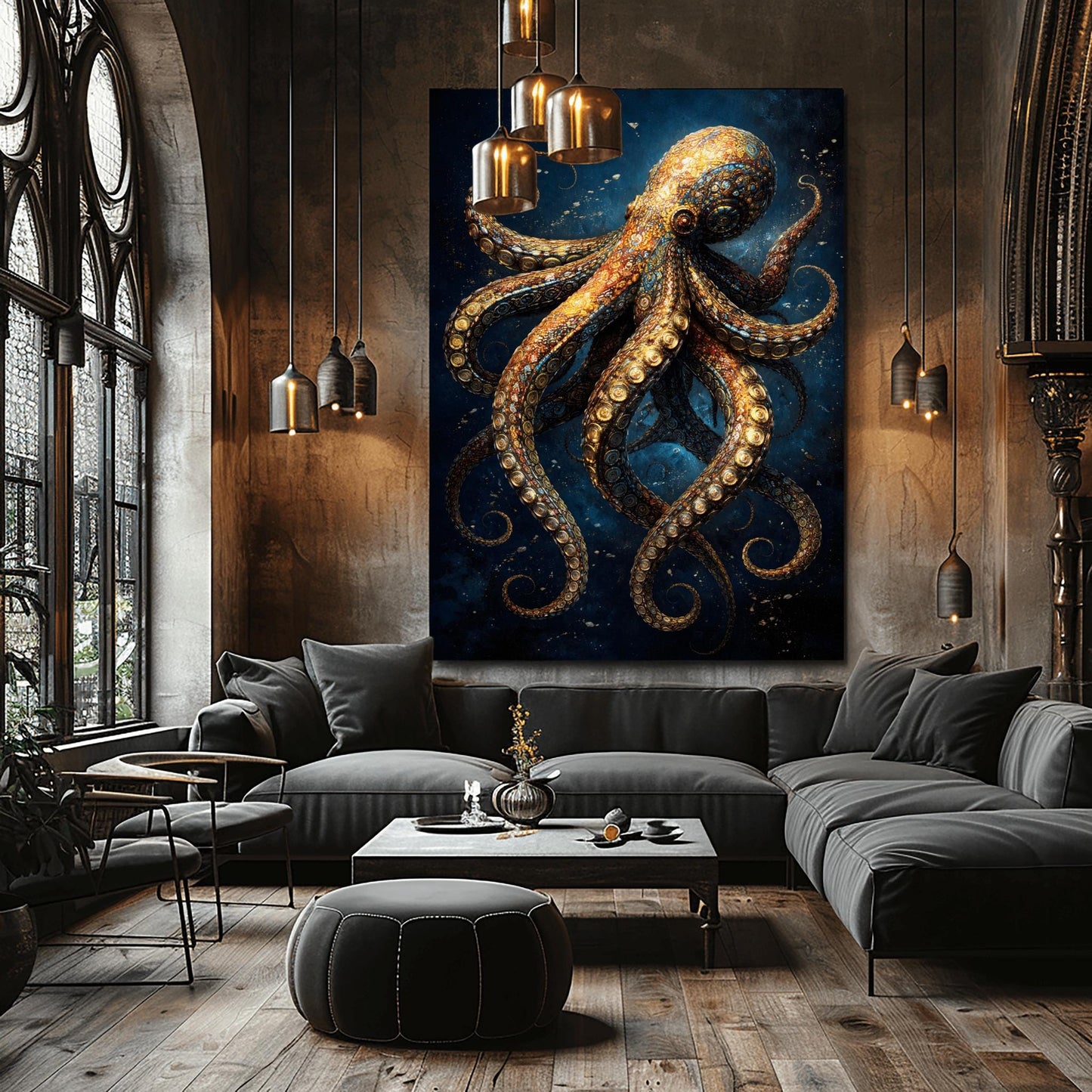 A vertical full-bleed illustration of an octopus in the style of Gustav Klimt. The octopus is decorated with intricate golden mosaic patterns and spirals, floating in a dark navy ocean with tiny sparkling particles. The design is rich in detail and high contrast.