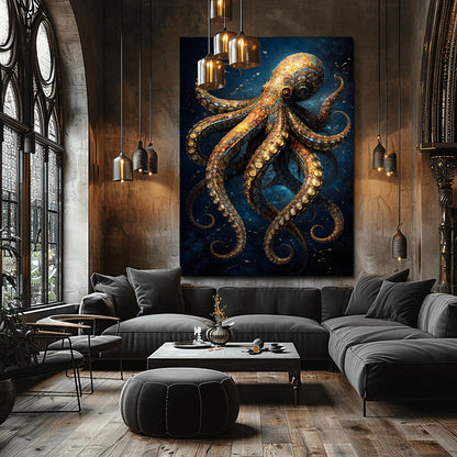 A vertical full-bleed illustration of an octopus in the style of Gustav Klimt. The octopus is decorated with intricate golden mosaic patterns and spirals, floating in a dark navy ocean with tiny sparkling particles. The design is rich in detail and high contrast.