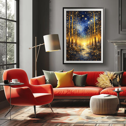 A vertical art print in the style of Gustav Klimt. It depicts a magical forest at night with tall, slender trees decorated with intricate golden swirls and geometric patterns. A shimmering golden path leads through the center toward a bright light in the distance. The dark blue sky is filled with numerous bright, glowing stars and a hazy golden nebula. The entire scene is rich with gold leaf textures and decorative mosaic details.
