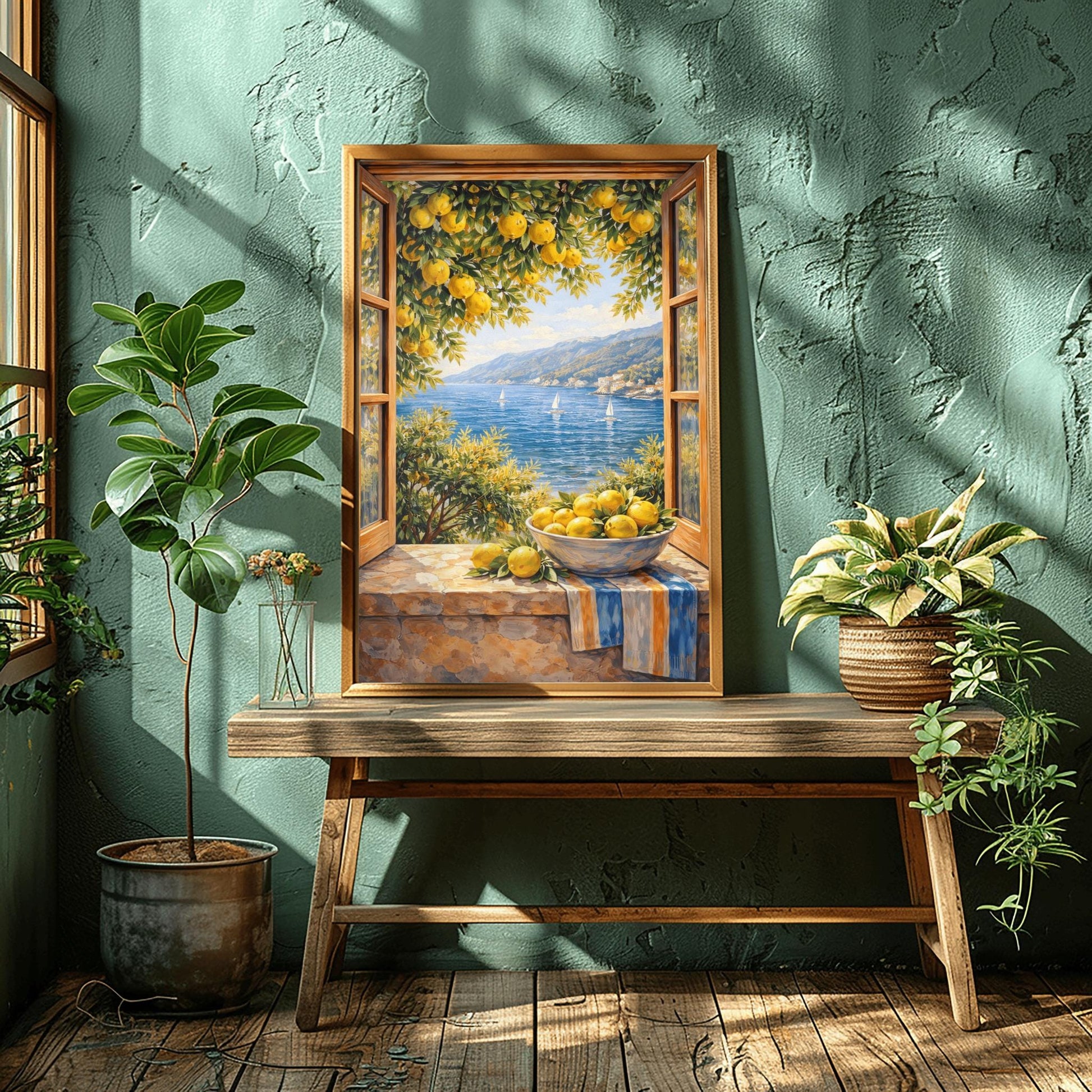A vertical painterly illustration of an open wooden window looking out at a blue sea with sailboats. On the stone windowsill, a bowl of yellow lemons sits on a striped blue-and-yellow cloth. Lemon tree branches with fruit frame the view from above.