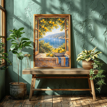 A vertical painterly illustration of an open wooden window looking out at a blue sea with sailboats. On the stone windowsill, a bowl of yellow lemons sits on a striped blue-and-yellow cloth. Lemon tree branches with fruit frame the view from above.