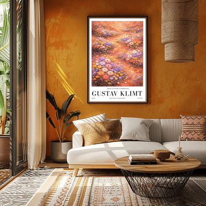 A vertical, highly detailed Art Nouveau-style illustration of a dense wildflower meadow. Stylized flowers in shades of lavender, coral, and orange are outlined in gold. Shimmering golden particles float between the blooms against a warm, glowing amber background.