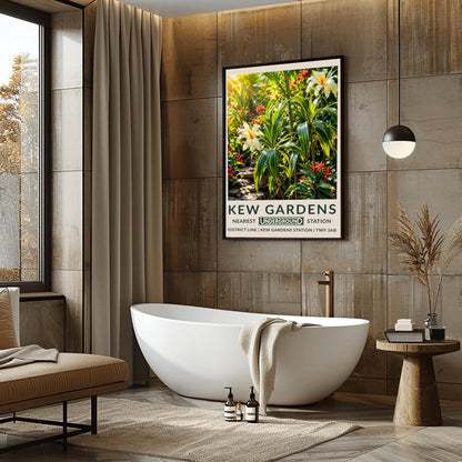 A vertical retro London Underground travel poster for Kew Gardens on a wide cream border. The top image shows a lush, sun-drenched illustration of a tropical jungle interior. In the foreground are large variegated green-and-yellow striped leaves and green bamboo stalks, accented by two large, cream-colored lilies with yellow and orange centers. Small, pointed crimson red flowers are scattered throughout the dense greenery, and a stepping-stone path is visible on the lower left.