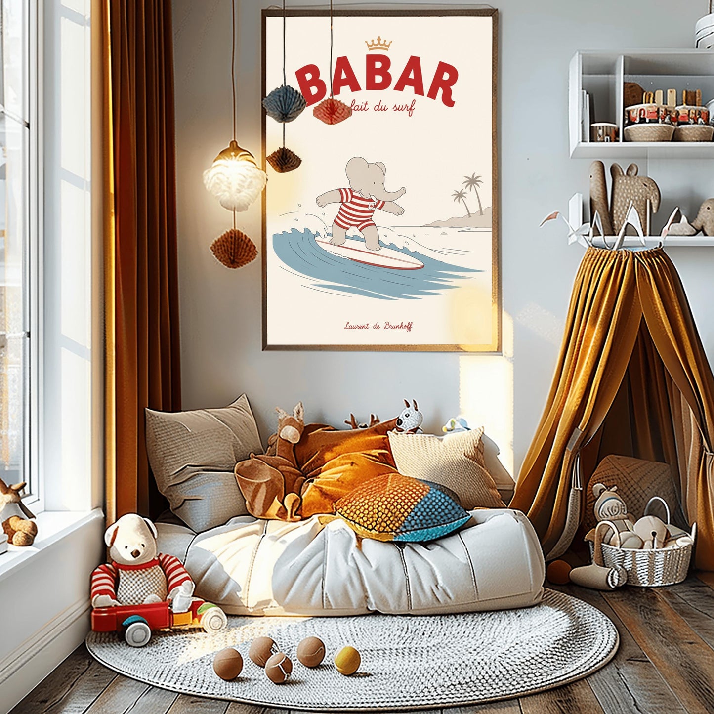 A vertical storybook-style art print of Babar the Elephant surfing. Babar is wearing a red and white striped swimsuit and standing on a white surfboard with a red stripe. He is riding a blue wave with a white crest. In the background, there is a tan beach with two palm trees under a cream sky. The top reads "BABAR fait du surf" with a small gold crown.