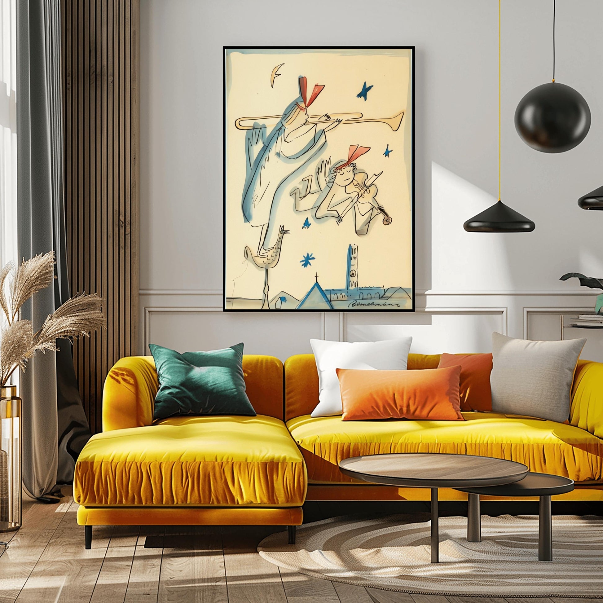 A vertical minimalist children's fine art exhibition print inspired by Ludwig Bemelmans, featuring a wide white border layout. In the center, a group of whimsical winged angels wearing dark jackets and white collars are illustrated playing horns and marching across a warm mustard yellow floor against a solid white background. The print features loose black ink line weights and a faint green botanical outline in the background.