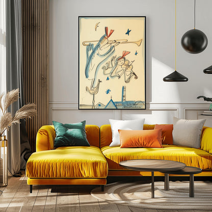 A vertical minimalist children's fine art exhibition print inspired by Ludwig Bemelmans, featuring a wide white border layout. In the center, a group of whimsical winged angels wearing dark jackets and white collars are illustrated playing horns and marching across a warm mustard yellow floor against a solid white background. The print features loose black ink line weights and a faint green botanical outline in the background.