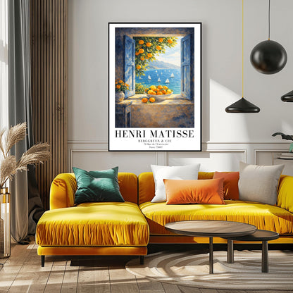 A vertical painterly illustration of an open window with blue shutters looking out at a sea with many sailboats. On the windowsill sits a large bowl overflowing with oranges. A branch with oranges hangs from the top, and a vase of yellow flowers is on a table to the left.