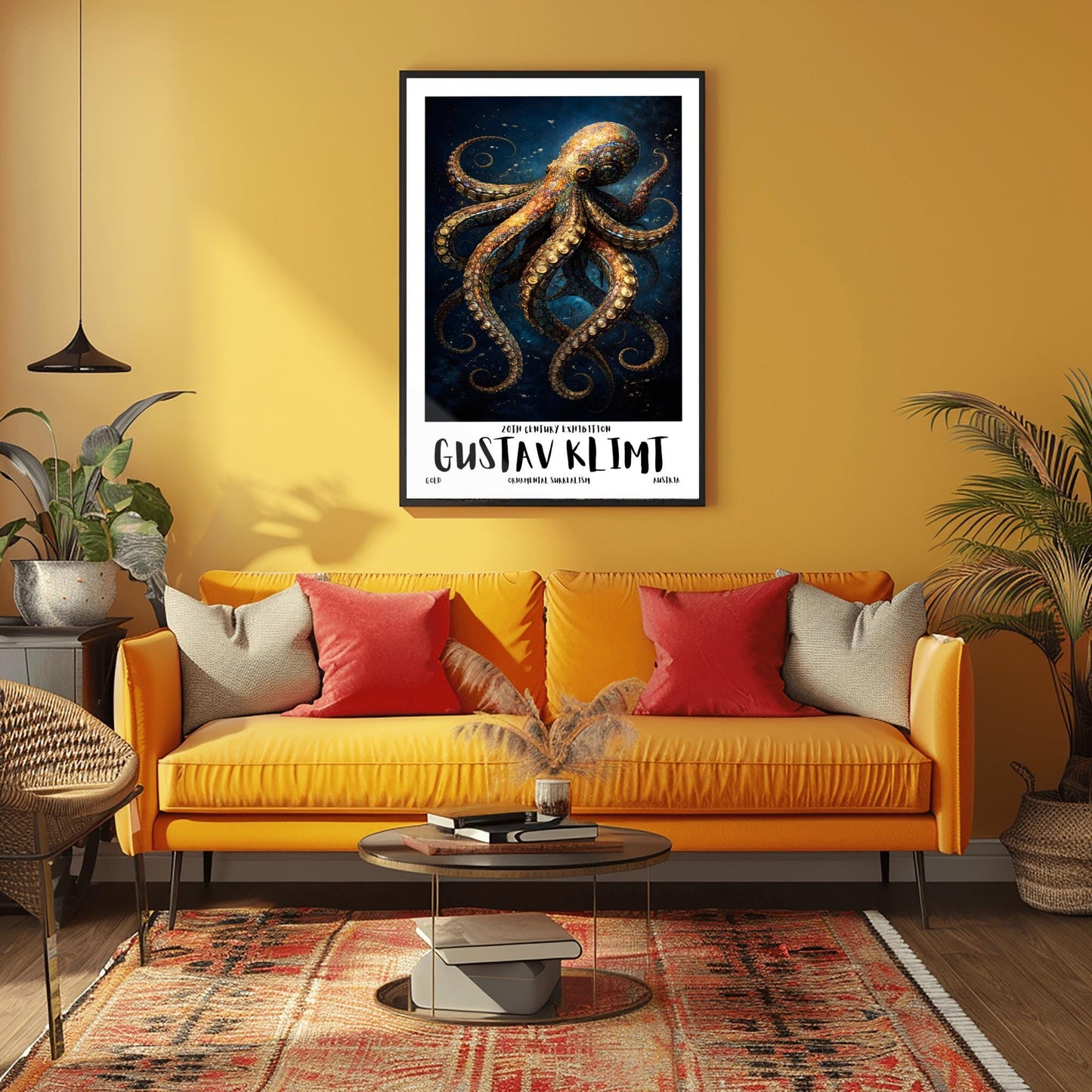 A vertical exhibition poster for Gustav Klimt featuring a highly detailed octopus against a dark navy background. The octopus is covered in golden mosaic patterns and spirals. Below the art, bold text reads "GUSTAV KLIMT" and "Ornamental Surrealism."