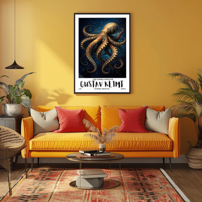A vertical exhibition poster for Gustav Klimt featuring a highly detailed octopus against a dark navy background. The octopus is covered in golden mosaic patterns and spirals. Below the art, bold text reads "GUSTAV KLIMT" and "Ornamental Surrealism."