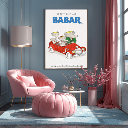A vertical children's illustration poster. At the top, "LE PETIT ÉLÉPHANT" is written in small letters above the word "BABAR" in large blue block letters. In the center, four elephants are riding in a bright red vintage open-top convertible. A young elephant is driving, Babar is in the passenger seat in a green suit, and two smaller elephants are in the back. The car has a "BABAR" license plate. The text at the bottom says "Venez rencontrer Babar et sa famille."