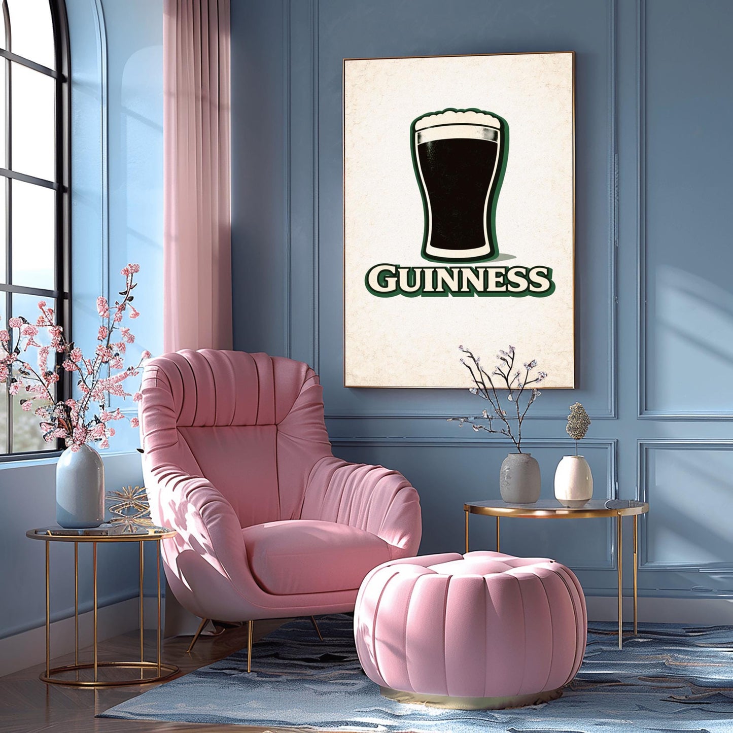 A vertical minimalist graphic of a pint of Guinness on a light cream-textured background. The black pint has a thick white foam head and a green drop shadow. Below the glass, the word "GUINNESS" is written in cream text with a green border.