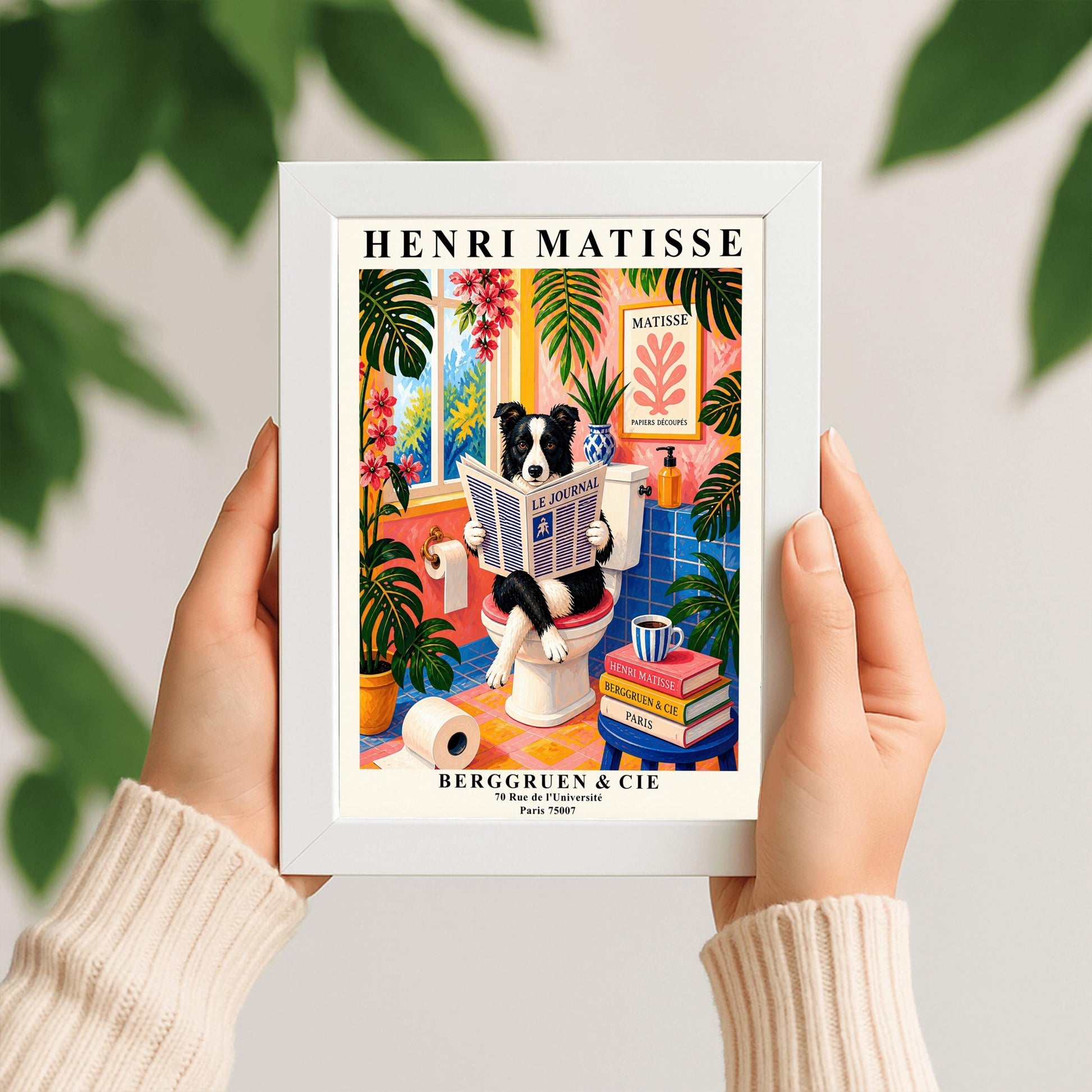 A vertical maximalist art print designed as a Henri Matisse exhibition poster. A black and white Border Collie is sitting on a white toilet with its legs crossed, holding and reading a newspaper titled "Le Journal." The bathroom is vibrantly colored with pink walls, blue wall tiles, and a pink and yellow checkered floor. The room is filled with large green tropical plants and red flowers. A stack of art books and a striped mug sit on a blue stool.