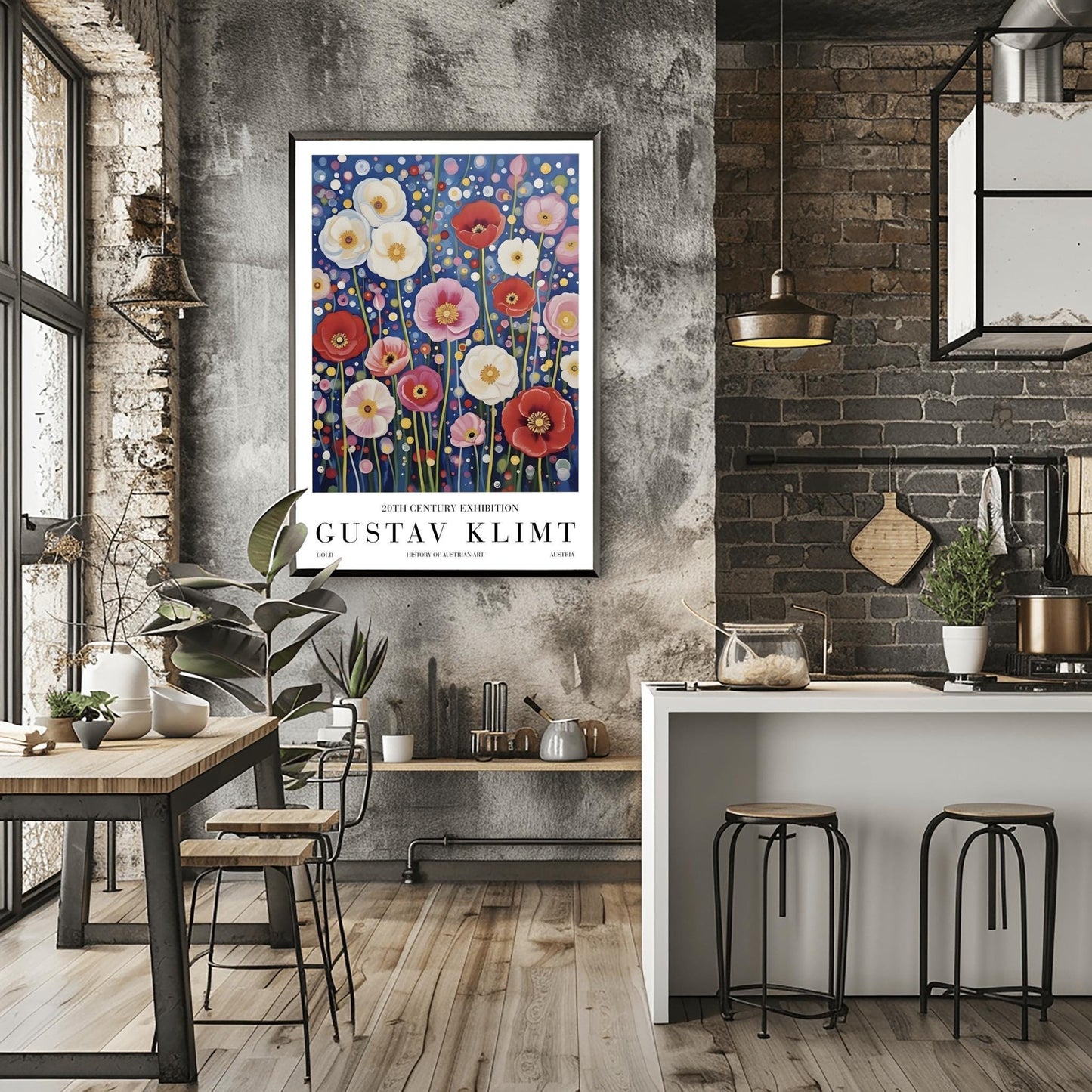 A vertical exhibition-style poster featuring a field of poppies in the style of Gustav Klimt. Large white, red, and pink flowers bloom on slender green stems against a dark navy background filled with shimmering gold and cream mosaic dots. The bottom margin features elegant typography reading "GUSTAV KLIMT" and "20TH CENTURY EXHIBITION."