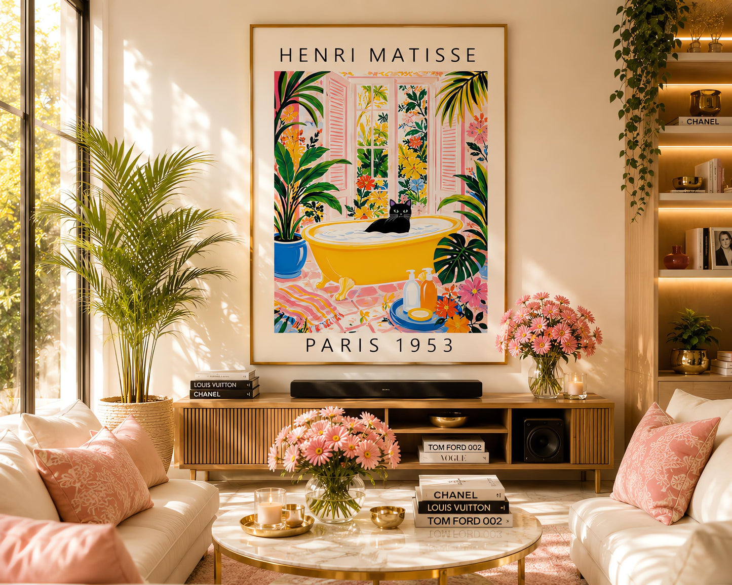 A vertical minimalist fine art exhibition poster in the style of Henri Matisse, featuring a wide white border layout. In the center, a solid black silhouette illustrates a cat in a crouching pose against a vibrant mustard yellow background block. The central composition is accented by flat paper-cut abstract shapes, including a royal blue coral leaf on the left and a terracotta red shape on the right against a solid white backdrop.