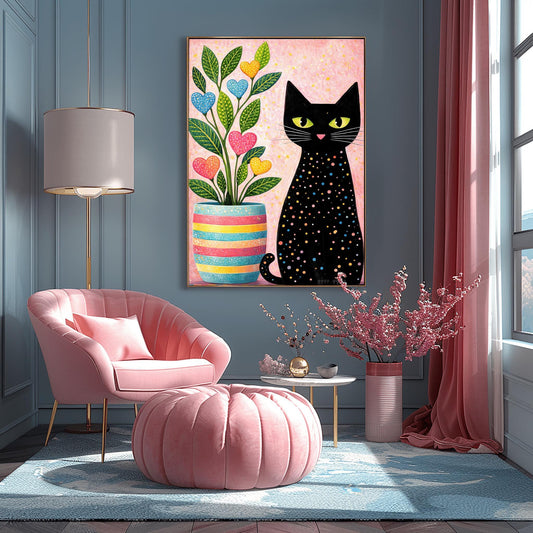 A vertical folk-art style illustration of a black cat sitting next to a colorful potted plant. The black cat is covered in small, multi-colored polka dots and has bright green eyes. The plant to its left is in a striped pink, yellow, and blue pot and features green leaves with heart-shaped "flowers" in pink, blue, and yellow. The background is a textured light pink with yellow paint splatters.