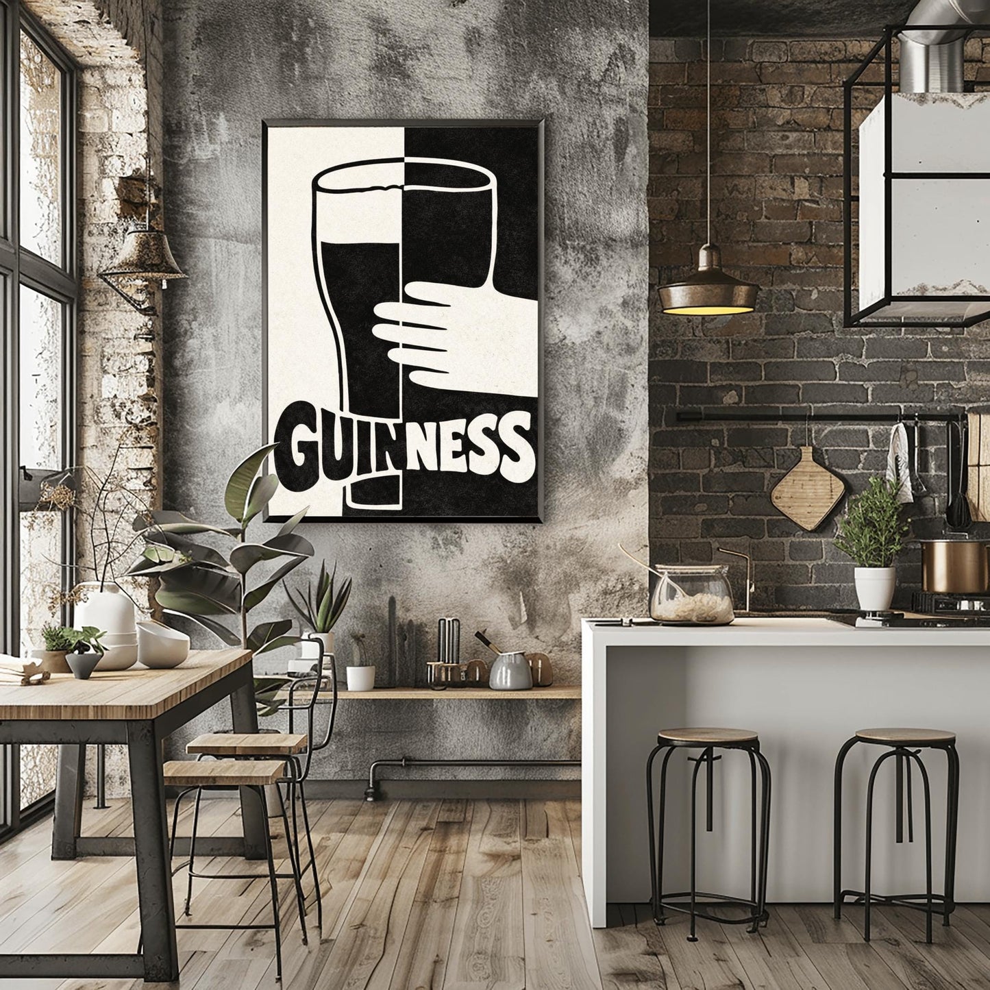 A vertical minimalist graphic split down the center: the left half is cream and the right half is black. A large Guinness pint in the center reverses its colors across the split. A white hand holds the glass from the right. The word "GUINNESS" at the bottom also reverses colors across the divide.
