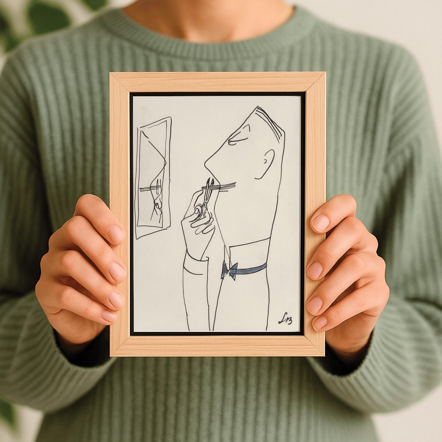 A vertical fine line ink sketch by Ludwig Bemelmans of a man trimming his mustache. Shown in a sharp right-facing profile, the man has a high collar, slicked back hair, and uses small scissors on his mustache. A small rectangular mirror on the left shows a partial reflection of his hand and scissors. His bow tie is filled with a soft slate blue watercolor wash. Initialed "LB" in the bottom right corner.