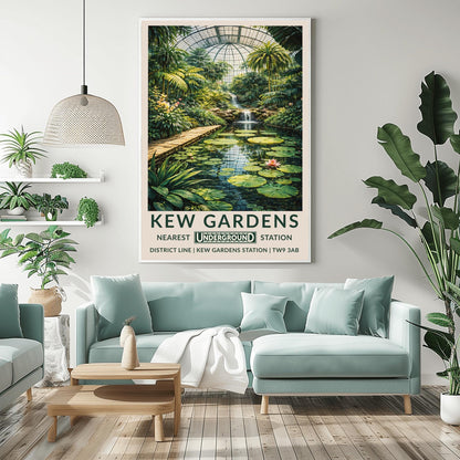 A vertical vintage-style travel poster for Kew Gardens. The artwork depicts the interior of a massive glass conservatory filled with dense tropical plants and tall palm trees. In the foreground, a calm pond features large green lily pads and pink flowers. A stone walkway runs alongside the pond leading toward a multi-tiered waterfall in the center. The scene is topped by a large, grid-patterned glass dome.