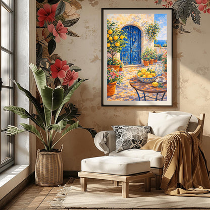 A vertical painterly illustration of a sun-drenched Mediterranean courtyard with a large arched blue door. A table in the foreground holds a bowl of lemons and a cup of coffee. Terracotta pots with flowers and a lemon tree surround the stone patio, with a view of the blue sea in the background.