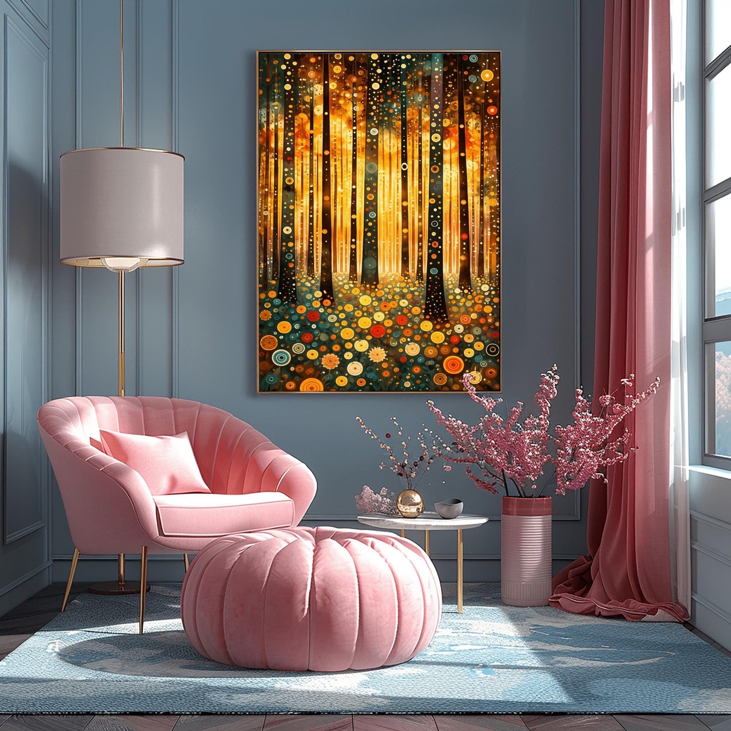 A vertical fine art print in the style of Gustav Klimt. Dark, slender tree trunks are decorated with various golden and colorful concentric circles. The forest floor is covered in similar circular floral patterns. A bright, warm golden light glows from the background, creating a high-contrast, ornate night forest scene.