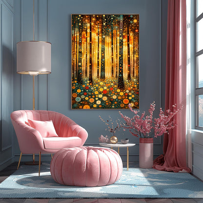 A vertical fine art print in the style of Gustav Klimt. Dark, slender tree trunks are decorated with various golden and colorful concentric circles. The forest floor is covered in similar circular floral patterns. A bright, warm golden light glows from the background, creating a high-contrast, ornate night forest scene.