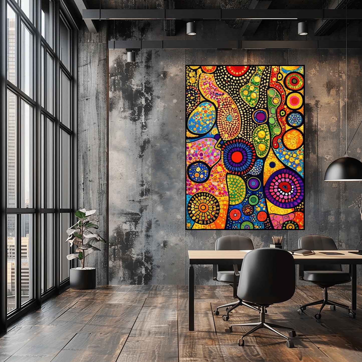 A vertical fine art print in the style of Gustav Klimt. An abstract composition of organic, flowing shapes filled with colorful dots, circles, and geometric patterns in red, blue, green, and orange. Shimmering gold leaf textures and "pebbled" patterns are interspersed throughout, set against a dark, structured background.
