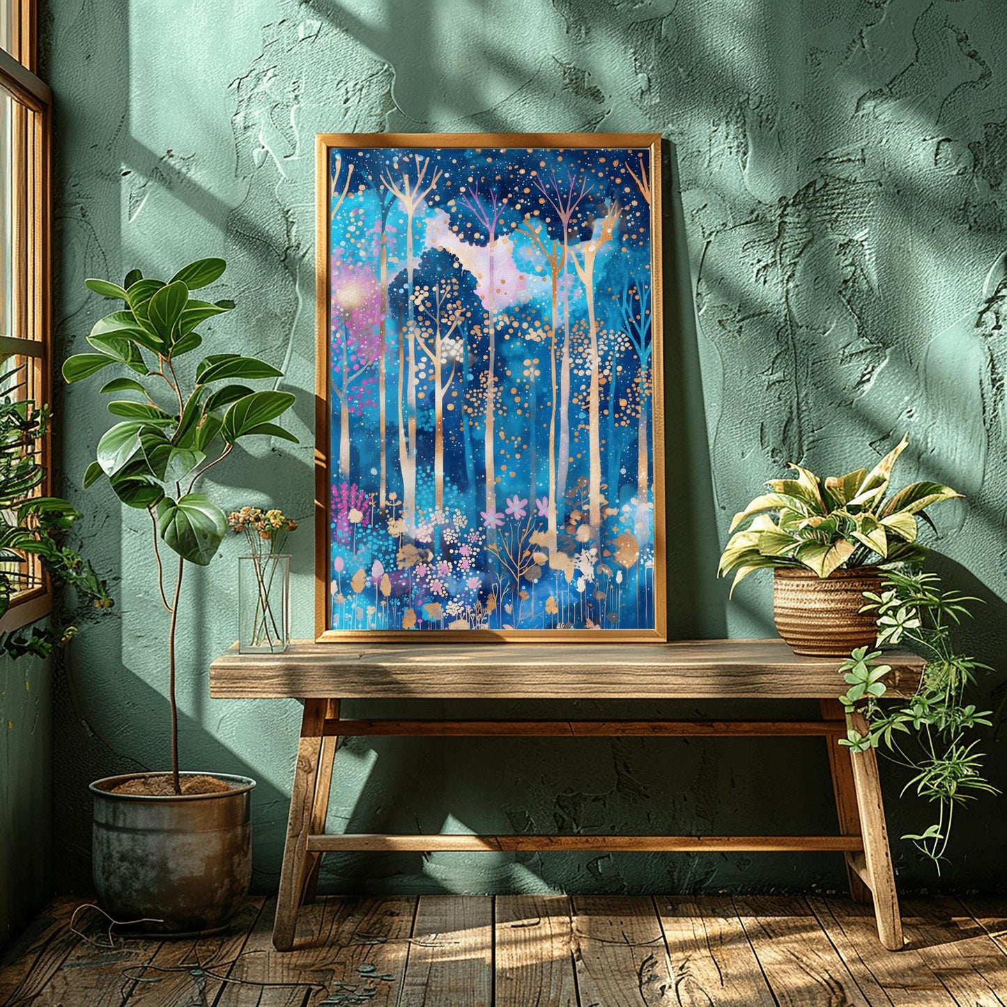 A vertical fine art print in the style of Gustav Klimt. A mystical forest with slender, glowing white and gold tree trunks set against a deep blue and periwinkle background. The canopy and floor are filled with thousands of tiny, glowing gold and amber dots, with small pink flowers at the base, creating a mosaic-like effect.
