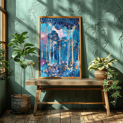 A vertical fine art print in the style of Gustav Klimt. A mystical forest with slender, glowing white and gold tree trunks set against a deep blue and periwinkle background. The canopy and floor are filled with thousands of tiny, glowing gold and amber dots, with small pink flowers at the base, creating a mosaic-like effect.
