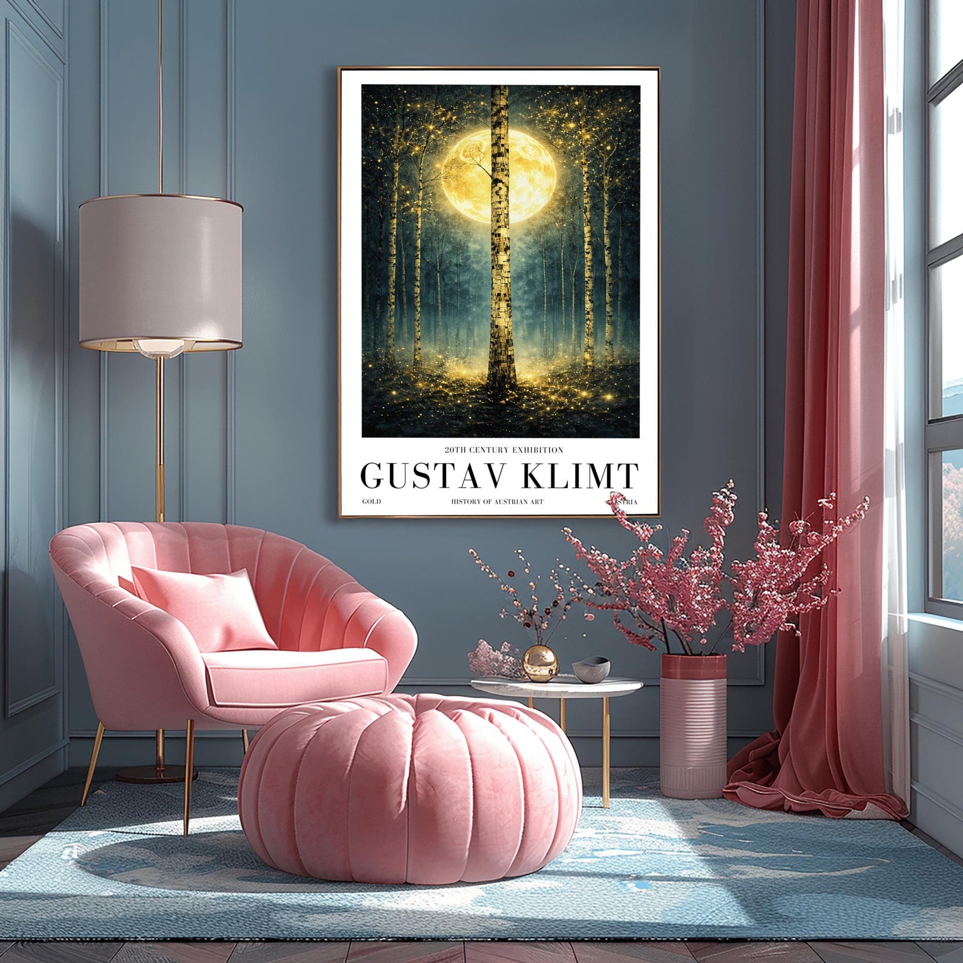 A vertical Art Nouveau-style illustration of a birch forest at night. A large golden moon hangs behind a central birch tree. The forest is filled with teal mist and shimmering golden stardust. The trees have intricate, mosaic-like textures on their bark.