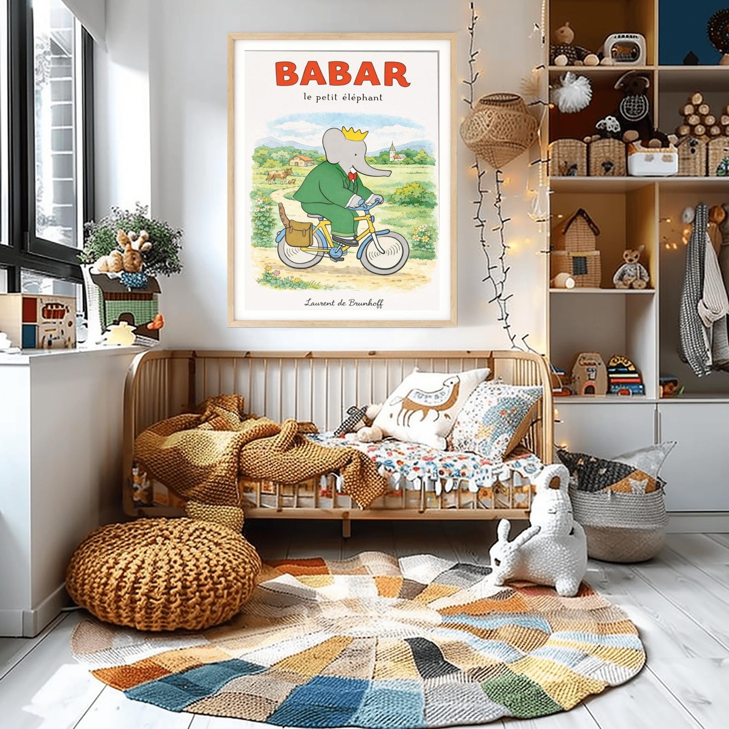 A vertical children's illustration poster titled "BABAR le petit éléphant" at the top in red. King Babar, in a green suit and crown, is riding a yellow bicycle along a dirt path. A brown leather bag on the back of the bike holds a baguette. The background shows a green meadow with a cow and calf, small bushes with flowers, and a distant house and church under a soft sky. The name "Laurent de Brunhoff" is at the bottom.