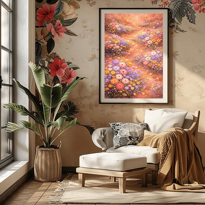 A vertical, highly detailed Art Nouveau-style illustration of a dense wildflower meadow. Stylized flowers in shades of lavender, coral, and orange are outlined in gold. Shimmering golden particles float between the blooms against a warm, glowing amber background.