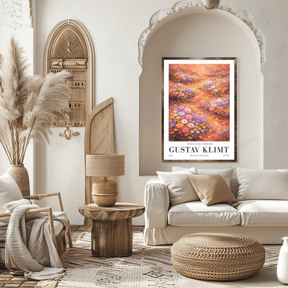 A vertical, highly detailed Art Nouveau-style illustration of a dense wildflower meadow. Stylized flowers in shades of lavender, coral, and orange are outlined in gold. Shimmering golden particles float between the blooms against a warm, glowing amber background.