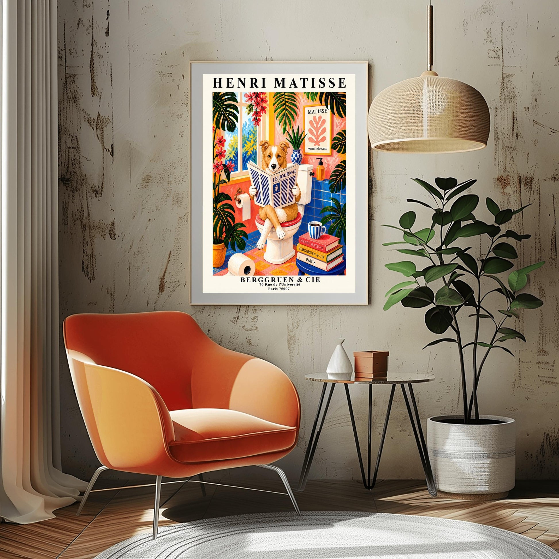 A vertical retro French exhibition poster styled after Henri Matisse with a wide ivory border. The central image shows a vibrant, colorful bathroom illustration. A fluffy ginger-and-white border collie dog sits on a white toilet, holding and reading a newspaper titled "LE JOURNAL". The bathroom features cobalt blue floor and wall tiles, bright pink walls, and large green monstera plants.