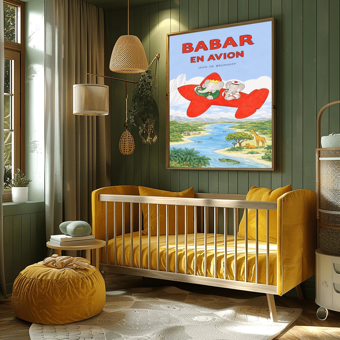 A vertical children's illustration poster titled "BABAR EN AVION" in large red letters. At the center is a bright red propeller plane flying through a blue sky with white clouds. King Babar, in a green suit and crown, and Queen Celeste, in a white sailor-style hat, are sitting in the cockpits. Below them is a winding blue river and a green savanna with a giraffe, a lion, a hippopotamus, and palm trees. The name "Jean de Brunhoff" is at the top.