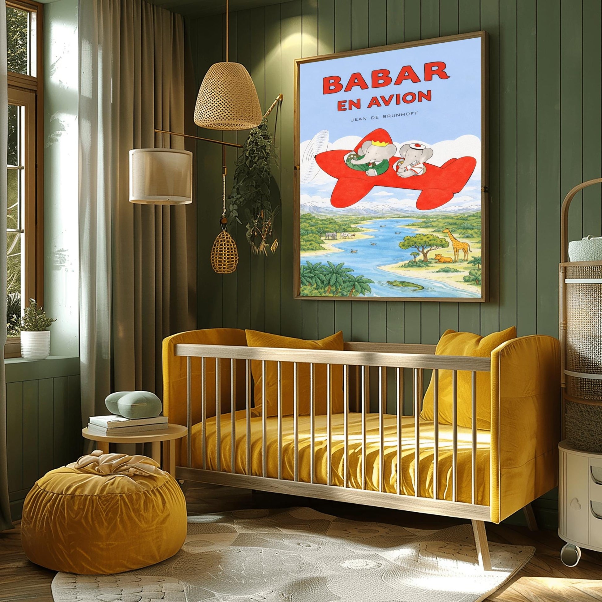 A vertical children's illustration poster titled "BABAR EN AVION" in large red letters. At the center is a bright red propeller plane flying through a blue sky with white clouds. King Babar, in a green suit and crown, and Queen Celeste, in a white sailor-style hat, are sitting in the cockpits. Below them is a winding blue river and a green savanna with a giraffe, a lion, a hippopotamus, and palm trees. The name "Jean de Brunhoff" is at the top.