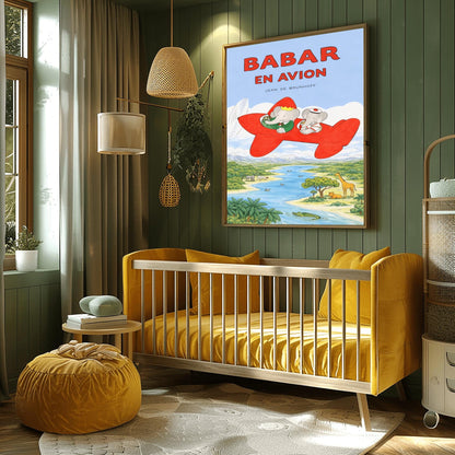 A vertical children's illustration poster titled "BABAR EN AVION" in large red letters. At the center is a bright red propeller plane flying through a blue sky with white clouds. King Babar, in a green suit and crown, and Queen Celeste, in a white sailor-style hat, are sitting in the cockpits. Below them is a winding blue river and a green savanna with a giraffe, a lion, a hippopotamus, and palm trees. The name "Jean de Brunhoff" is at the top.