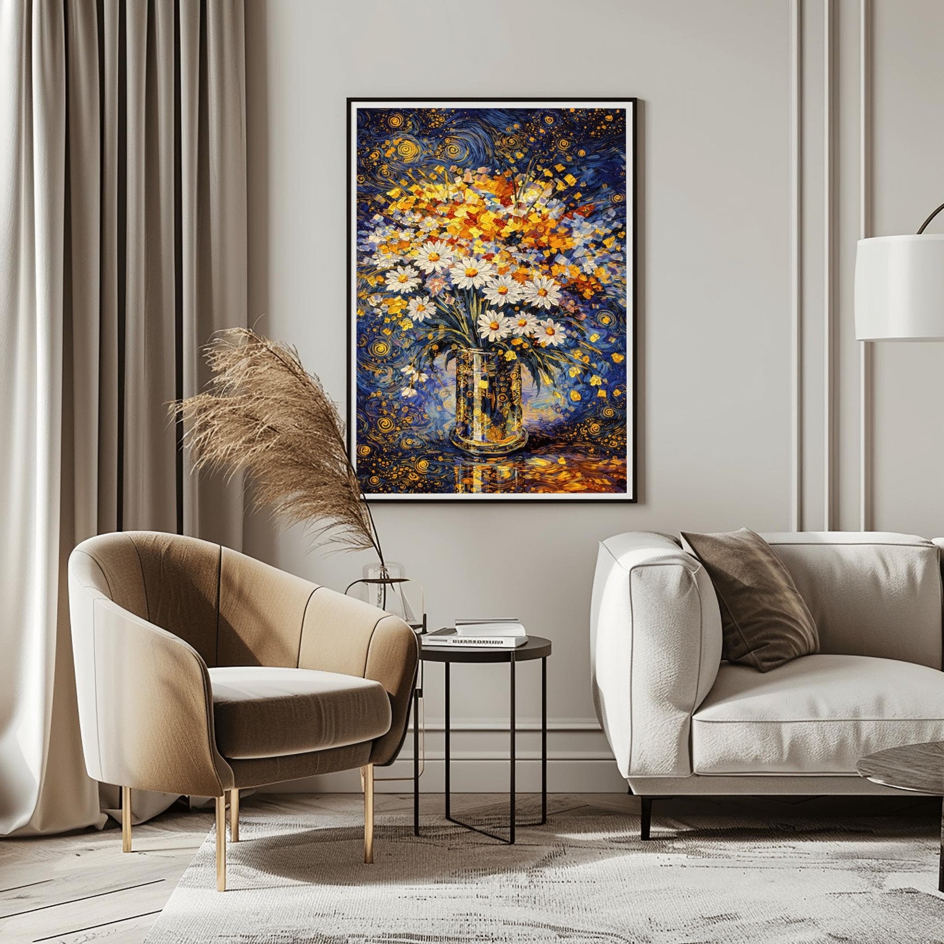 A vertical art print in the style of Gustav Klimt featuring a bouquet of white daisies with yellow centers in a tall, patterned gold vase. The vase is decorated with small black and gold circles. The background is a vibrant dark blue with swirling golden patterns and stars. The table surface below reflects the blue and gold light. The entire image is composed of intricate mosaic-like textures and shimmering metallic tones.