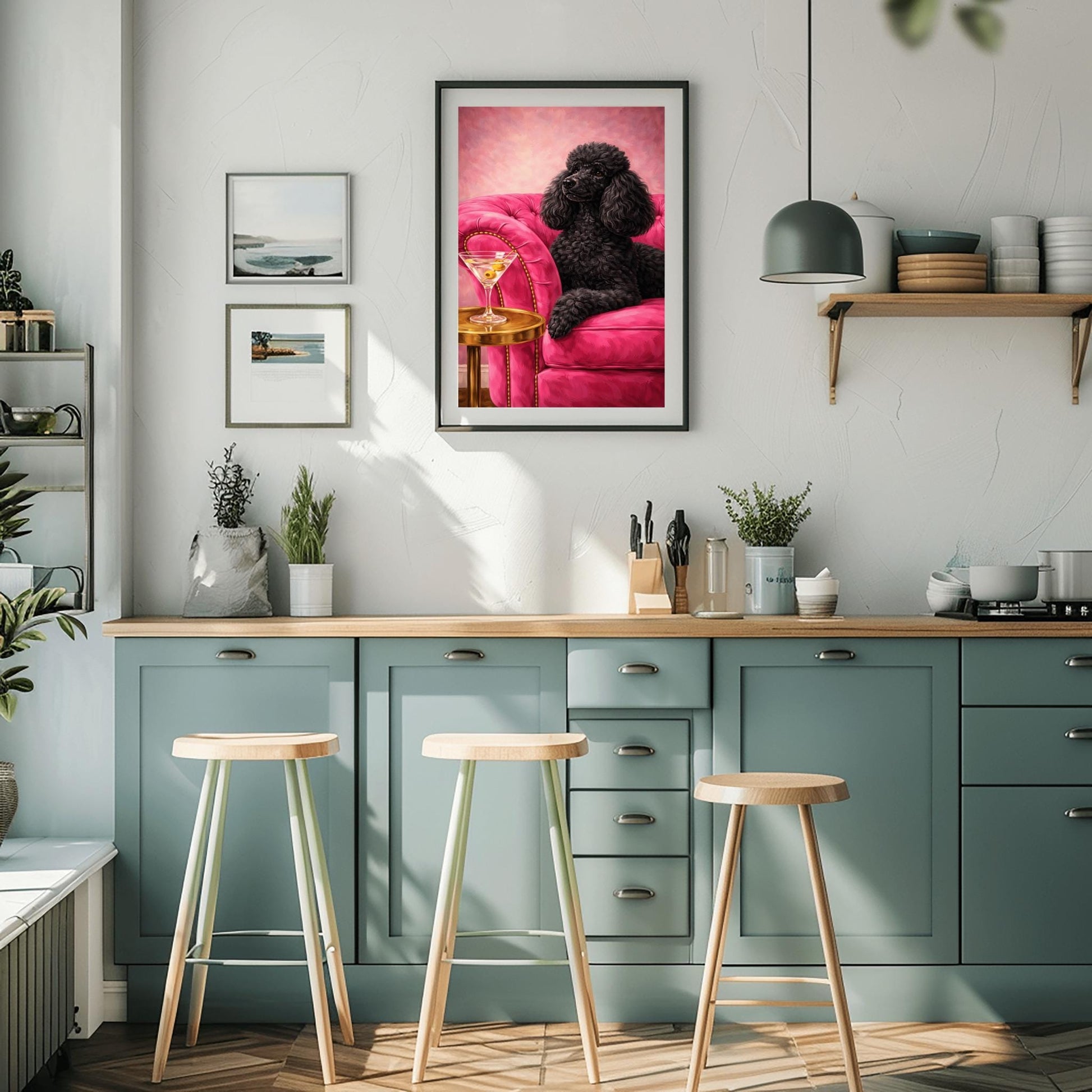 A vertical oil-style painting of a sophisticated black poodle with fluffy, well-groomed fur. The poodle is lying on a vibrant hot pink velvet tufted sofa. In the foreground, a martini glass with two green olives sits on a polished round gold side table. The background is a textured light pink, and the overall mood is glamorous, colorful, and maximalist.