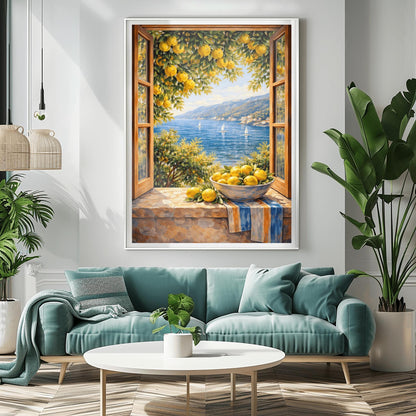 A vertical painterly illustration of an open wooden window looking out at a blue sea with sailboats. On the stone windowsill, a bowl of yellow lemons sits on a striped blue-and-yellow cloth. Lemon tree branches with fruit frame the view from above.