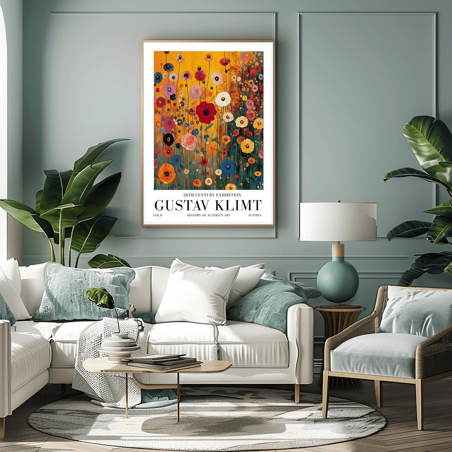 A vertical museum exhibition poster featuring a colorful wildflower meadow in the style of Gustav Klimt. Red, blue, and yellow flowers on thin stalks grow against an amber background. Below the image, bold black text reads "GUSTAV KLIMT" and "20TH CENTURY EXHIBITION" against a white border.