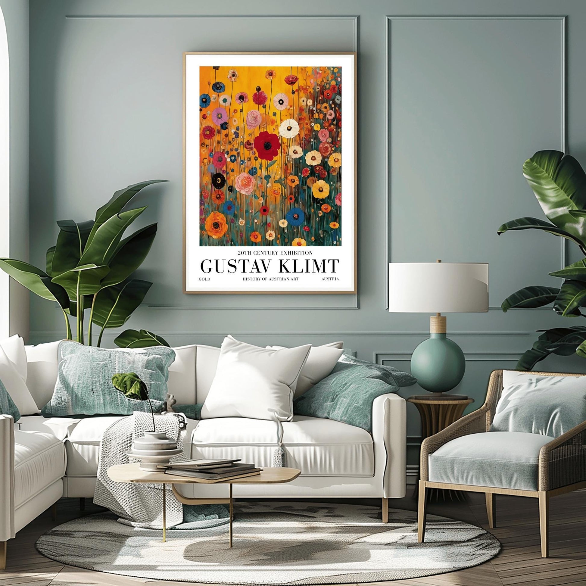 A vertical museum exhibition poster featuring a colorful wildflower meadow in the style of Gustav Klimt. Red, blue, and yellow flowers on thin stalks grow against an amber background. Below the image, bold black text reads "GUSTAV KLIMT" and "20TH CENTURY EXHIBITION" against a white border.